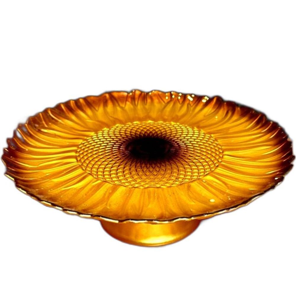 Vintage Akcam Handmade Turkey Gold Sunflower Glass Pedestal Cake Stand 11"